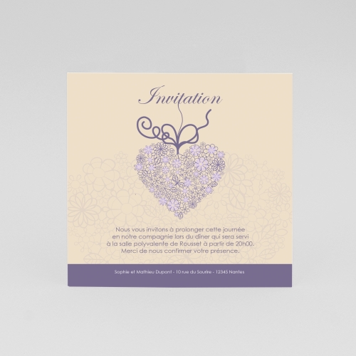 Carte Invitation Mariage Cœur Papillon Violet