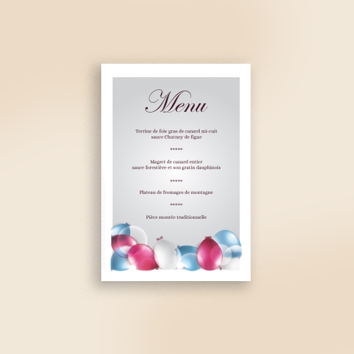 Carte Menu Mariage Ballons fête