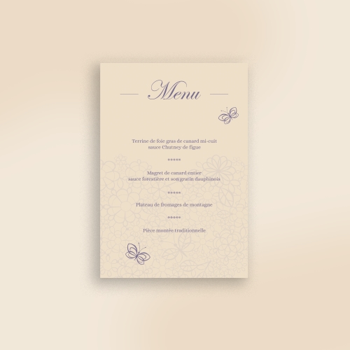 Carte Menu Mariage Cœur Papillon Violet