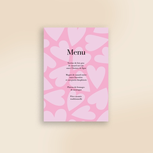 Carte Menu Mariage - Coeurs roses