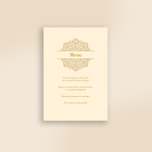 Carte Menu Mariage - Motif oriental doré