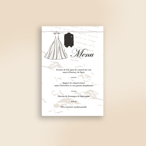 Carte Menu Mariage Robe et Costume