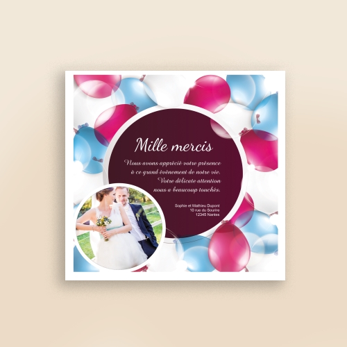 Carte Remerciement Mariage Ballons fête - Avec Photo