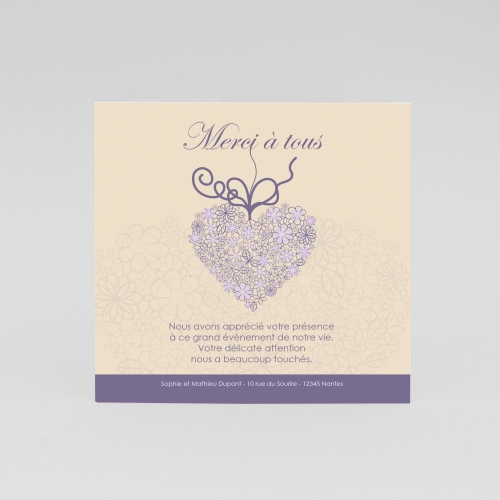 Carte Remerciement Mariage Cœur Papillon Violet - Sans Photo