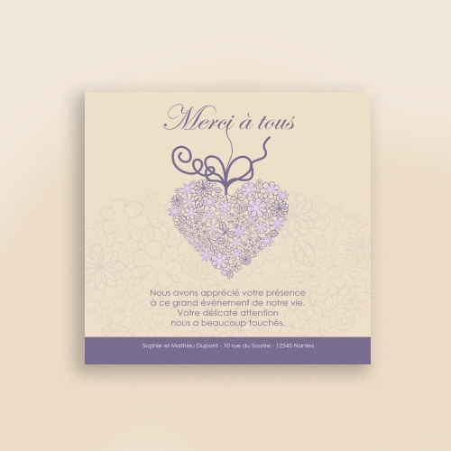 Carte Remerciement Mariage Cœur Papillon Violet - Sans Photo