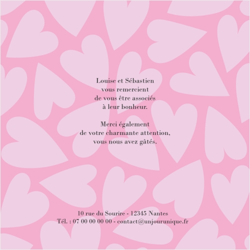 Carte Remerciement Mariage - Coeurs roses