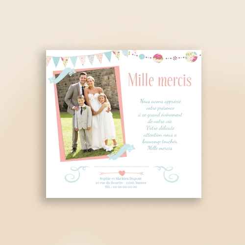 Carte Remerciement Mariage Fanions pastels - Avec Photo