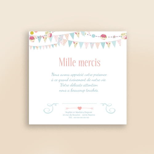 Carte Remerciement Mariage Fanions pastels - Sans Photo