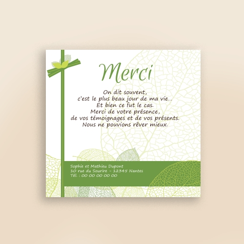 Carte Remerciement Mariage Feuilles - Sans Photo