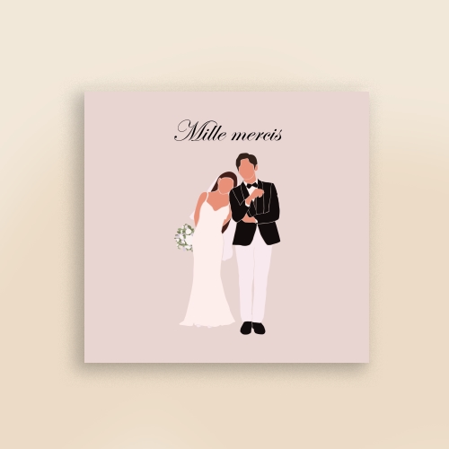 Carte Remerciement Mariage - Illustration couple rose