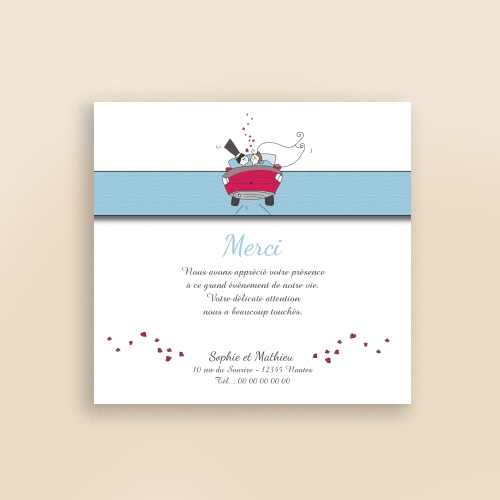 Carte Remerciement Mariage Illustration voiture - Sans Photo