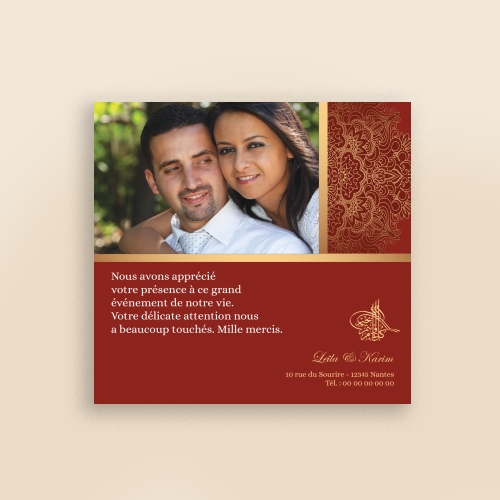 Carte Remerciement Mariage Orient 02 - Avec Photo