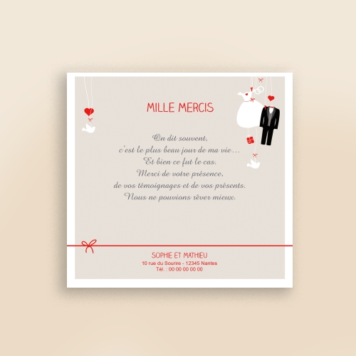 Carte Remerciement Mariage Pinces d'amour - Sans Photo