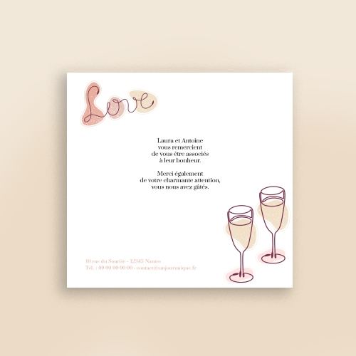 Carte Remerciement Mariage - Rose romantique