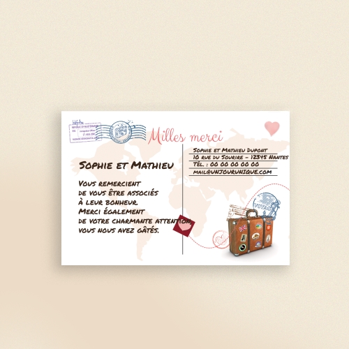 Carte Remerciement Mariage Voyage postal - Sans Photo