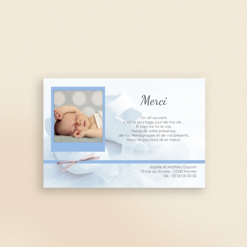 Carte Remerciement Naissance Chaussons Bleus et Petits Noeuds - Avec Photo