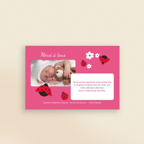 Carte Remerciement Naissance Coccinelles Fille - Avec Photo