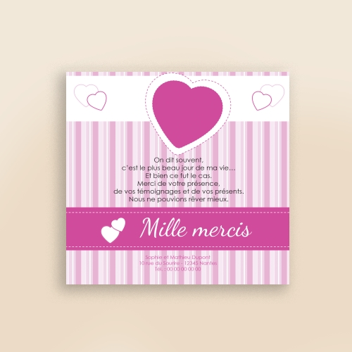 Carte Remerciement Naissance Coeur Rose Faire-Part Simple - Sans Photo