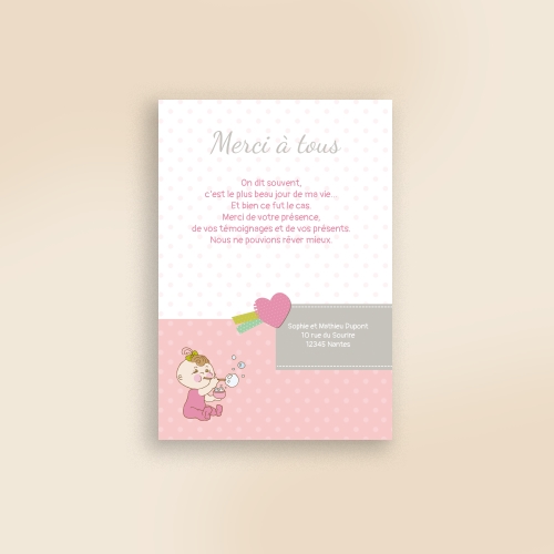 Carte Remerciement Naissance Illustration Rose Faire-Part Original - Sans Photo