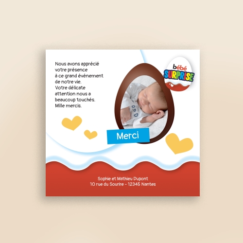 Carte Remerciement Naissance Kinder Oeuf chocolat Surprise - Faire Part Rigolo - Avec Photo