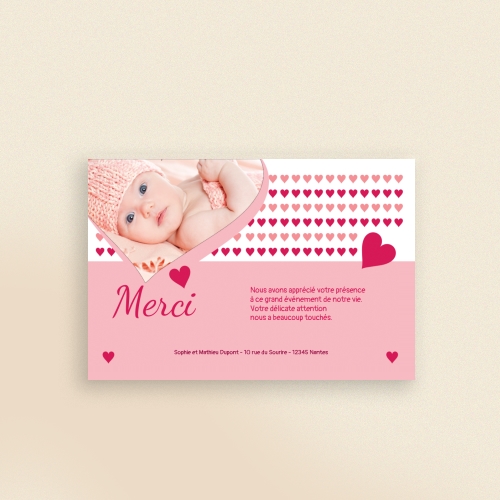 Carte Remerciement Naissance Petits Cœurs Roses Fille - Avec Photo