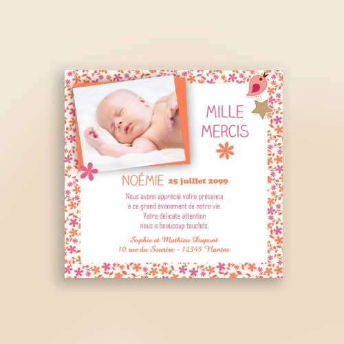 Carte Remerciement Naissance Tendance Florale - Avec Photo