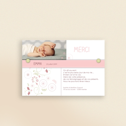 Carte Remerciement Naissance Tissu Floral Faire-Part Original - Avec Photo