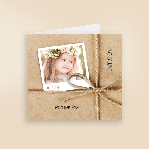 Faire Part Baptême Nœud kraft polaroid