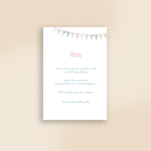 Cartes Menu Mariage Fanions pastels