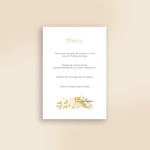 Cartes Menu Mariage Fleurs en Or