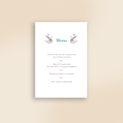 Cartes Menu Mariage Plume de paon